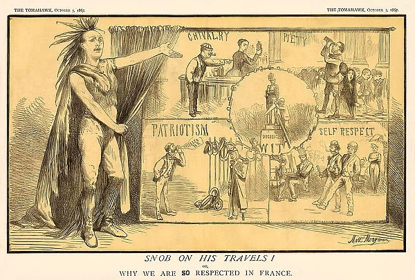 Cartoon -- why the English tourist is so respected by the French. Date: 1867