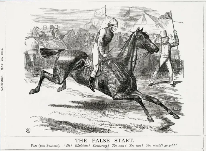 Framed Print : Cartoon, The False Start (Gladstone) Framed Print : Cartoon, The False Start (Gladstone)