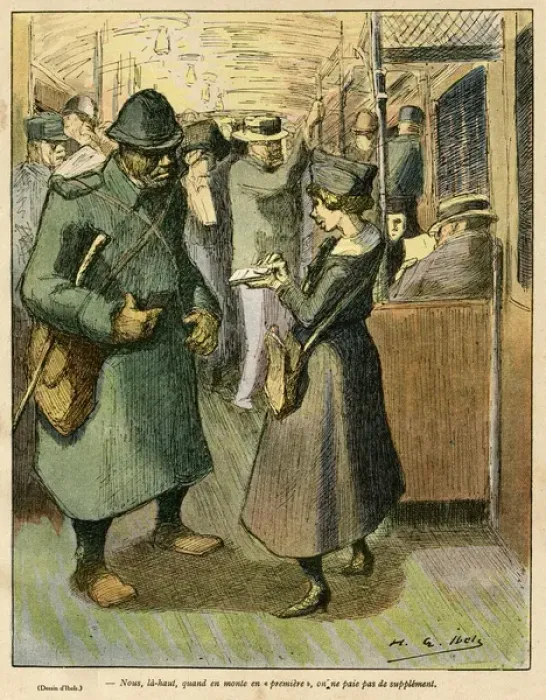 Framed Print : Cartoon, Female worker on Paris Metro, WW1 Framed Print : Cartoon, Female worker on Paris Metro, WW1