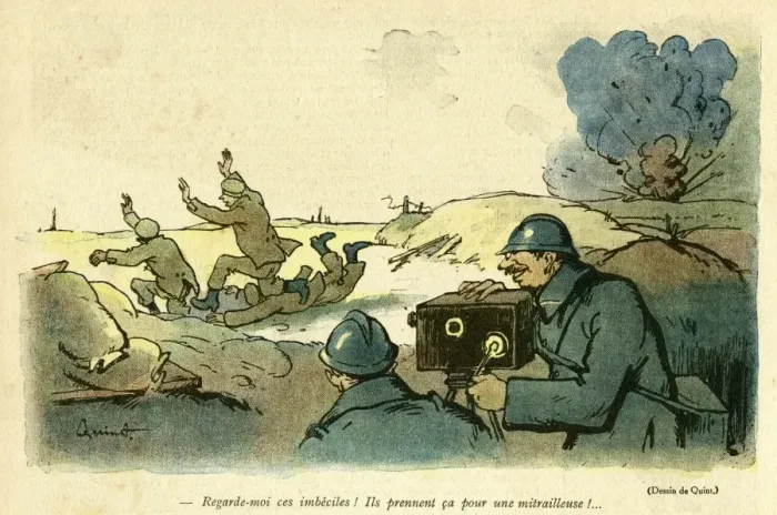 Framed Print : Cartoon, Filming on a battlefield, WW1 Framed Print : Cartoon, Filming on a battlefield, WW1