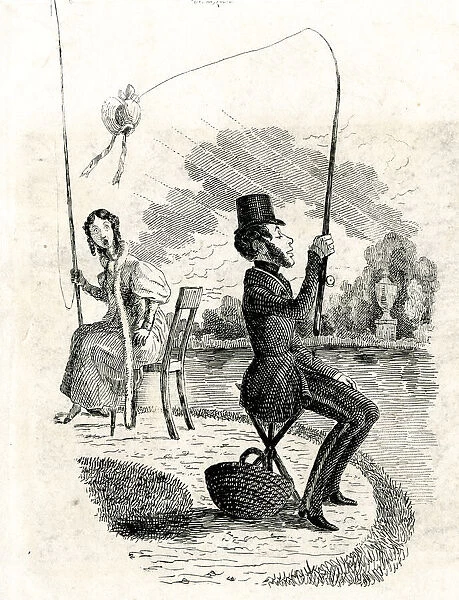 Cartoon, Fisherman catching a ladys bonnet