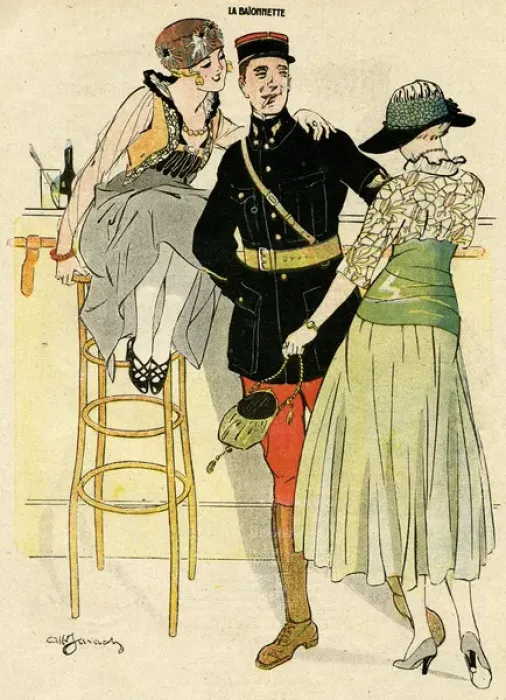 Framed Print : Cartoon, French aviator in a bar, WW1 Framed Print : Cartoon, French aviator in a bar, WW1