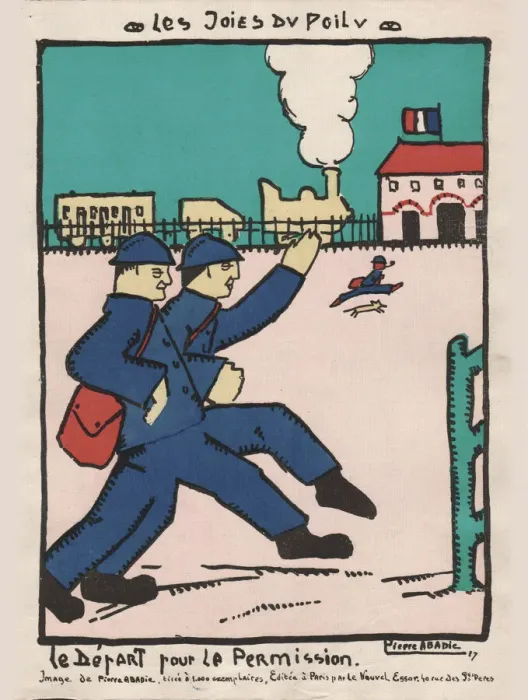 Framed Print : Cartoon, French soldiers departing on leave, WW1 Framed Print : Cartoon, French soldiers departing on leave, WW1