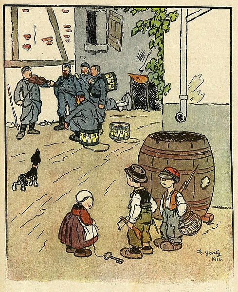 Cartoon, French soldiers in quarters, WW1
