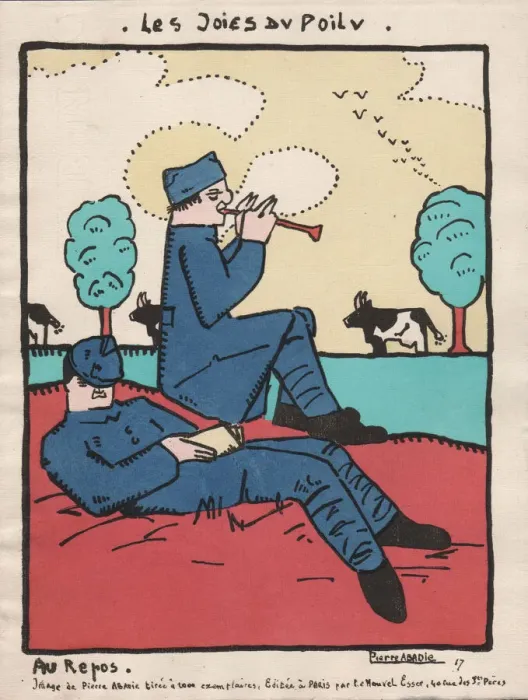 Framed Print : Cartoon, French soldiers relaxing on leave, WW1 Framed Print : Cartoon, French soldiers relaxing on leave, WW1