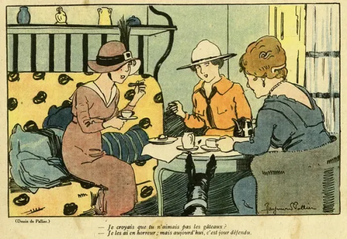 Framed Print : Cartoon, French women having tea and cake, WW1 Framed Print : Cartoon, French women having tea and cake, WW1