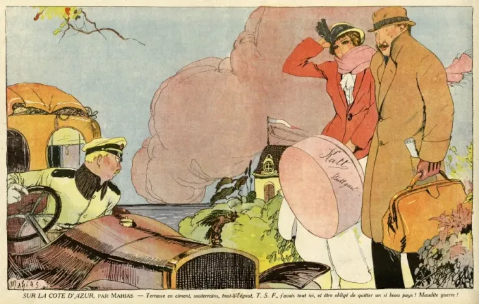 Framed Print : Cartoon, German couple leaving Cote d Azur, WW1 Framed Print : Cartoon, German couple leaving Cote d Azur, WW1