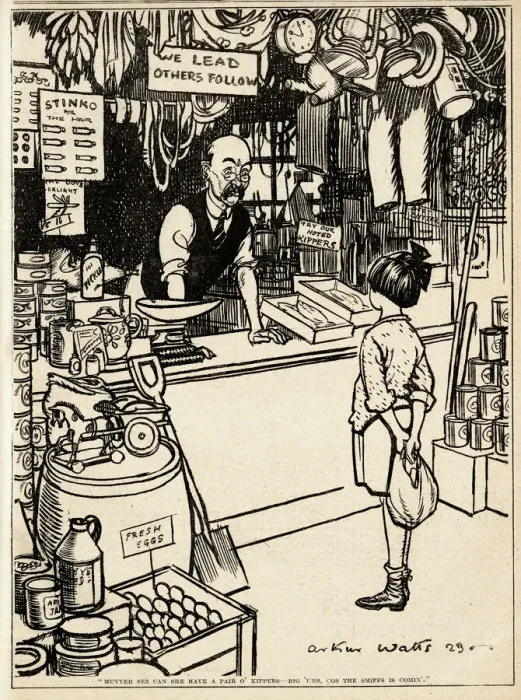 Framed Print : Cartoon, Girl at the grocers shop Framed Print : Cartoon, Girl at the grocers shop