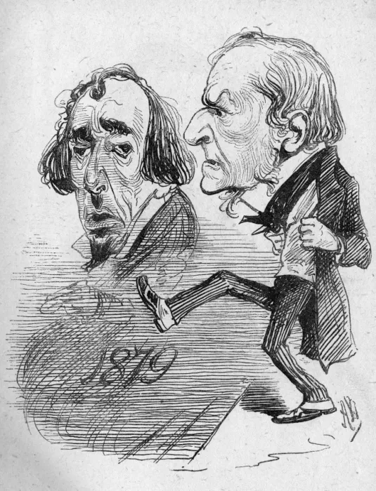 Framed Print : Cartoon, Gladstone kicking out Disraeli Framed Print : Cartoon, Gladstone kicking out Disraeli