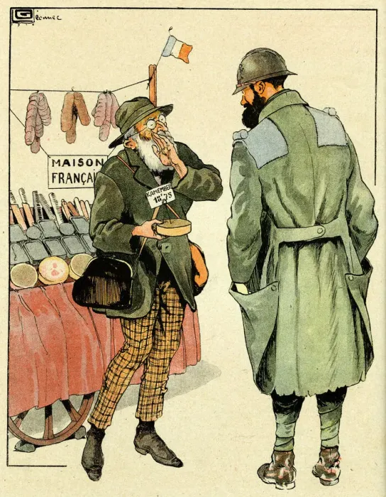 Framed Print : Cartoon, The good trader. A salesman of food and other items offers a French soldier Framed Print : Cartoon, The good trader. A salesman of food and other items offers a French soldier