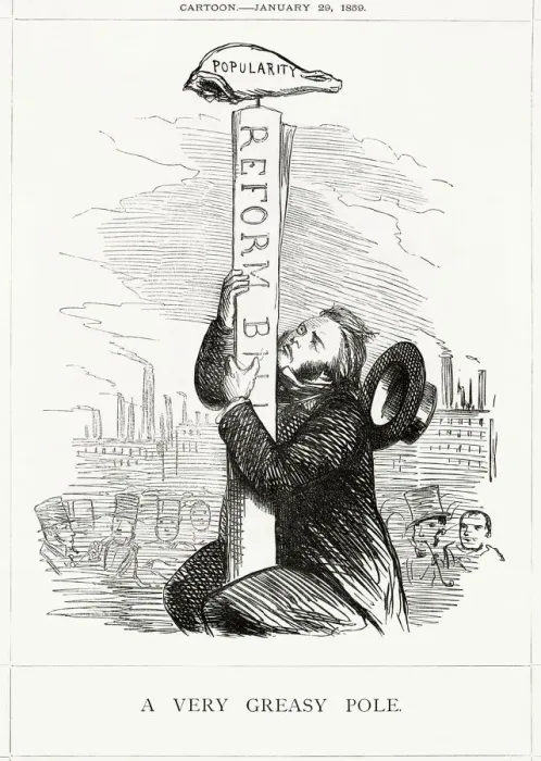Framed Print : Cartoon, A Very Greasy Pole (John Bright) Framed Print : Cartoon, A Very Greasy Pole (John Bright)