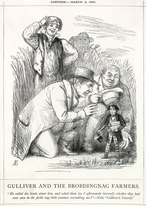 Framed Print : Cartoon, Gulliver and the Brobdingnag Farmers Framed Print : Cartoon, Gulliver and the Brobdingnag Farmers