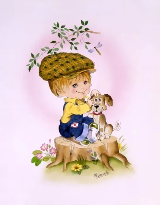Framed Print : Cartoon illustration - boy and pet dog Framed Print : Cartoon illustration - boy and pet dog