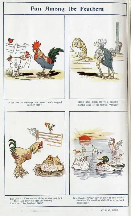 Framed Print : Cartoon illustrations in colour by G H Dodd, captioned, Fun Among Feathers'. Showing poultry, ostrich, leopard and ducks. With descriptions and quotations, I've had to discharge the nurse; she's dropped another egg Framed Print : Cartoon illustrations in colour by G H Dodd, captioned, Fun Among Feathers'. Showing poultry, ostrich, leopard and ducks. With descriptions and quotations, I've had to discharge the nurse; she's dropped another egg