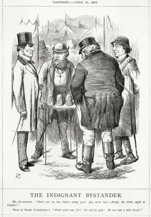 Framed Print : Cartoon, The Indignant Bystander (Gladstone and Disraeli) Framed Print : Cartoon, The Indignant Bystander (Gladstone and Disraeli)