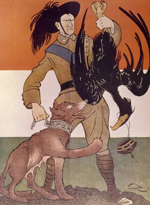 Framed Print : Cartoon, Italian light infantryman with Austrian eagle, WW1 Framed Print : Cartoon, Italian light infantryman with Austrian eagle, WW1