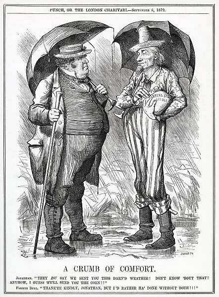 Cartoon, John Bull is forced to accept American aid from Uncle Sam. Date: 1879