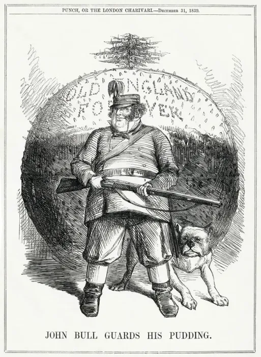 Framed Print : Cartoon, John Bull Guards his Pudding Framed Print : Cartoon, John Bull Guards his Pudding