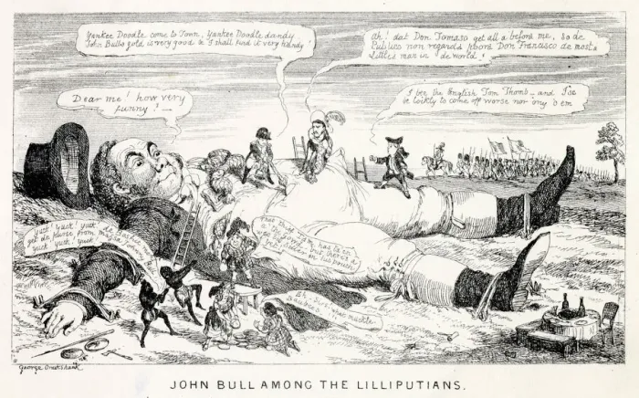 Framed Print : Cartoon, John Bull among the Lilliputians Framed Print : Cartoon, John Bull among the Lilliputians