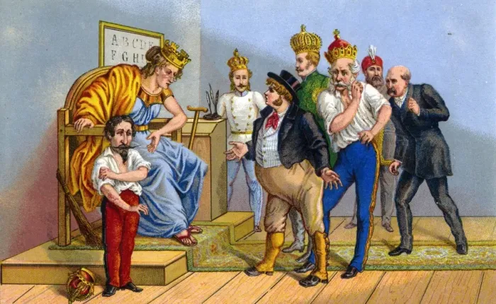 Framed Print : Cartoon, John Bulls Vindication Before Dame Europa Framed Print : Cartoon, John Bulls Vindication Before Dame Europa