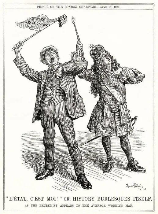 Framed Print : Cartoon, L'Etat, C'Est Moi! or, History Burlesques Itself -- dictatorship of the proletariat, showing a left-wing extremist just as detached from the common people as King Louis XVI was. Date: 1921 Framed Print : Cartoon, L'Etat, C'Est Moi! or, History Burlesques Itself -- dictatorship of the proletariat, showing a left-wing extremist just as detached from the common people as King Louis XVI was. Date: 1921