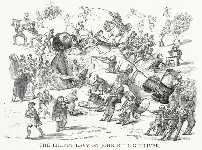 Framed Print : Cartoon, The Liliput Levy on John Bull Gulliver Framed Print : Cartoon, The Liliput Levy on John Bull Gulliver