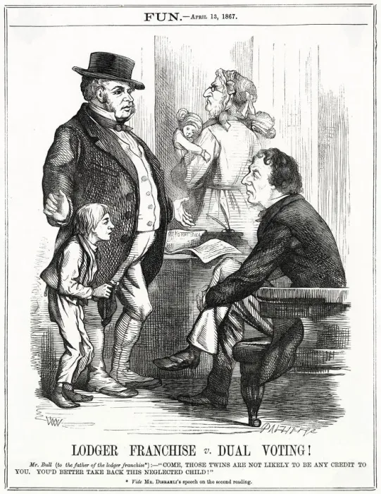 Framed Print : Cartoon, Lodger Franchise v Dual Voting! (Disraeli) Framed Print : Cartoon, Lodger Franchise v Dual Voting! (Disraeli)