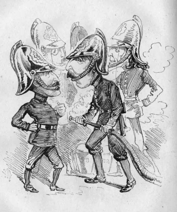 Framed Print : Cartoon, London theatre managers as firemen Framed Print : Cartoon, London theatre managers as firemen