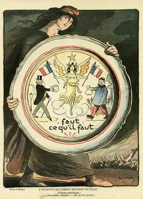Framed Print : Cartoon, Marianne with a patriotic plate, WW1 Framed Print : Cartoon, Marianne with a patriotic plate, WW1