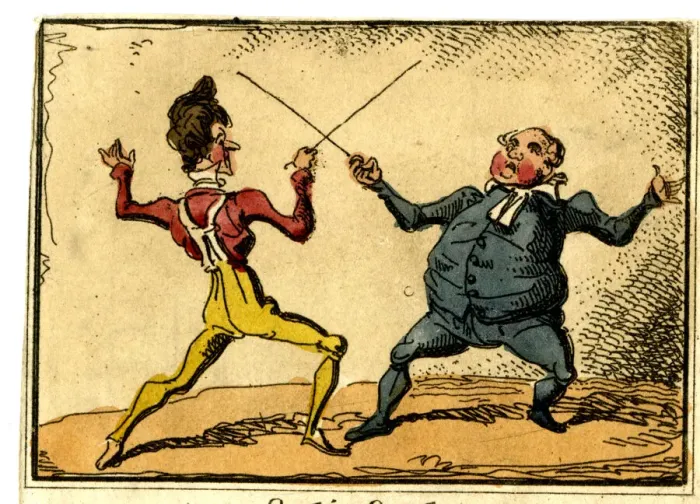 Framed Print : Cartoon, two men fencing - Satisfaction Framed Print : Cartoon, two men fencing - Satisfaction