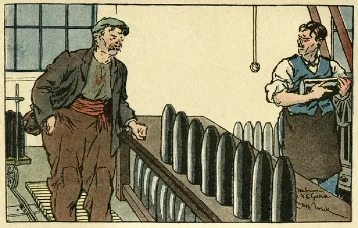 Framed Print : Cartoon, Men in munitions factory, WW1 Framed Print : Cartoon, Men in munitions factory, WW1