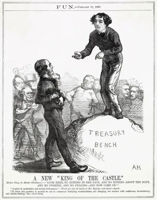 Framed Print : Cartoon, A New King of the Castle (Disraeli and Gladstone) Framed Print : Cartoon, A New King of the Castle (Disraeli and Gladstone)