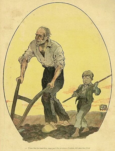 Cartoon, Old and young working on the land, WW1