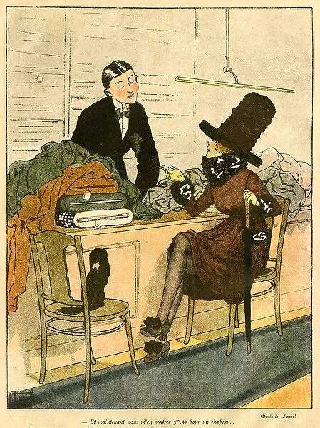 Cartoon, Parisian woman out shopping, WW1