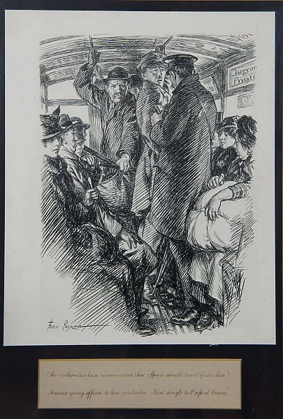 Cartoon, Passengers on a London bus, WW1