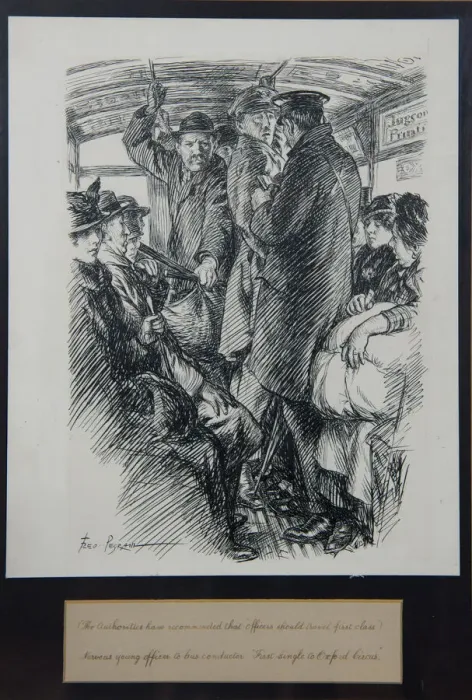 Framed Print : Cartoon, Passengers on a London bus, WW1 Framed Print : Cartoon, Passengers on a London bus, WW1