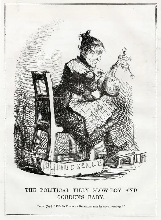 Framed Print : Cartoon, The Political Tilly Slow-Boy and Cobden's Baby. Sliding Scale: satirical comment on free trade, as supported by Richard Cobden and others. Date: 1846 Framed Print : Cartoon, The Political Tilly Slow-Boy and Cobden's Baby. Sliding Scale: satirical comment on free trade, as supported by Richard Cobden and others. Date: 1846