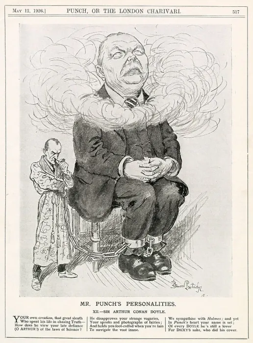 Framed Print : Cartoon portrait, SIR ARTHUR CONAN DOYLE (1859 - 1930), writer, caricatured with his head in the clouds and with manacles on his ankles, chained to a small Sherlock Holmes figure standing alongside Framed Print : Cartoon portrait, SIR ARTHUR CONAN DOYLE (1859 - 1930), writer, caricatured with his head in the clouds and with manacles on his ankles, chained to a small Sherlock Holmes figure standing alongside