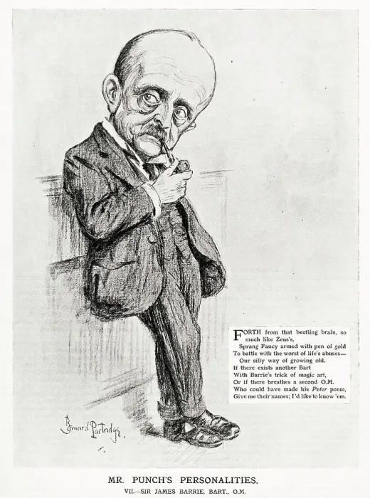 Framed Print : Cartoon portrait, SIR JAMES MATTHEW BARRIE (1860 - 1937), Scottish novelist and dramatist, best known for writing Peter Pan. Date: 1926 Framed Print : Cartoon portrait, SIR JAMES MATTHEW BARRIE (1860 - 1937), Scottish novelist and dramatist, best known for writing Peter Pan. Date: 1926