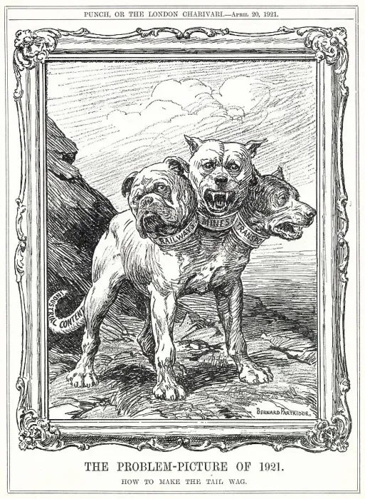 Framed Print : Cartoon, The Problem-Picture of 1921, showing the Triple Alliance of Railways, Mines and Transport as Cerberus, the three-headed dog. Date: 1921 Framed Print : Cartoon, The Problem-Picture of 1921, showing the Triple Alliance of Railways, Mines and Transport as Cerberus, the three-headed dog. Date: 1921
