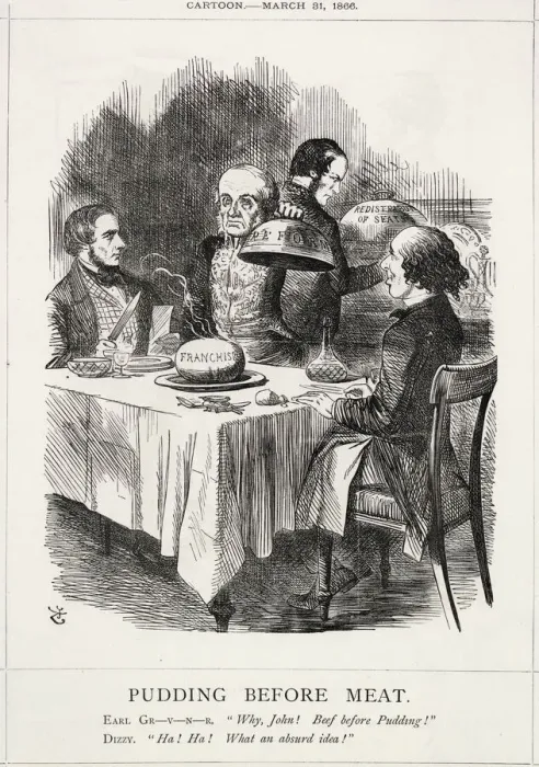 Framed Print : Cartoon, Pudding Before Meat (Russell and Reform) Framed Print : Cartoon, Pudding Before Meat (Russell and Reform)