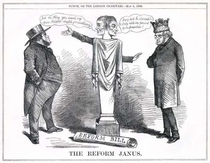 Framed Print : Cartoon, The Reform Janus (Bright, Russell and Derby) Framed Print : Cartoon, The Reform Janus (Bright, Russell and Derby)