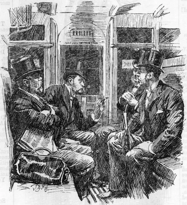 Framed Print : Cartoon, four relaxed gentlemen commuters Framed Print : Cartoon, four relaxed gentlemen commuters