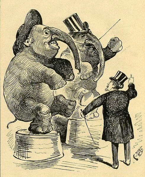 Cartoon, ringmaster and performing elephants