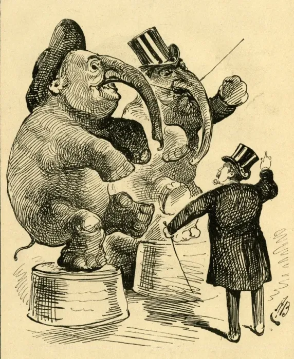 Framed Print : Cartoon, ringmaster and performing elephants Framed Print : Cartoon, ringmaster and performing elephants