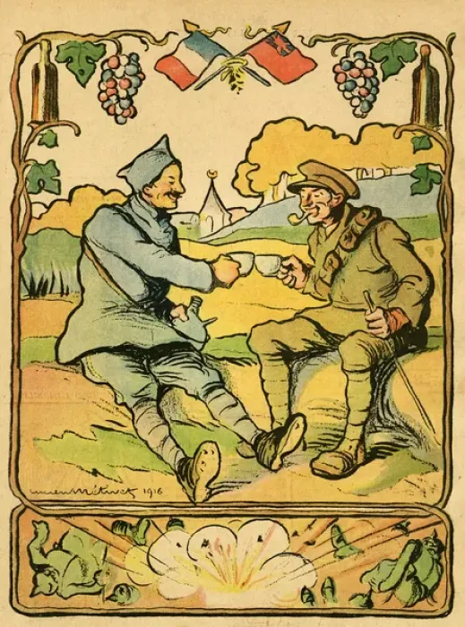 Framed Print : Cartoon, Sharing a drink, WW1 Framed Print : Cartoon, Sharing a drink, WW1