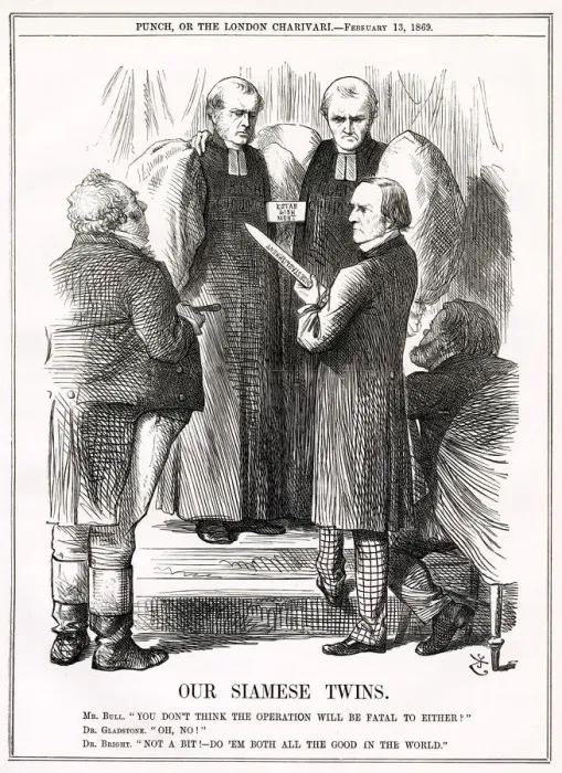 Framed Print : Cartoon, Our Siamese Twins (English and Irish Churches) Framed Print : Cartoon, Our Siamese Twins (English and Irish Churches)