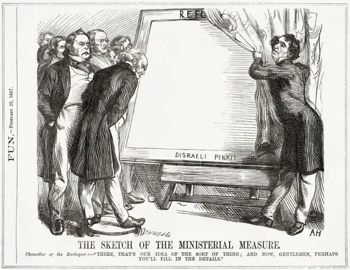 Framed Print : Cartoon, The Sketch of the Ministerial Measure (Disraeli) Framed Print : Cartoon, The Sketch of the Ministerial Measure (Disraeli)