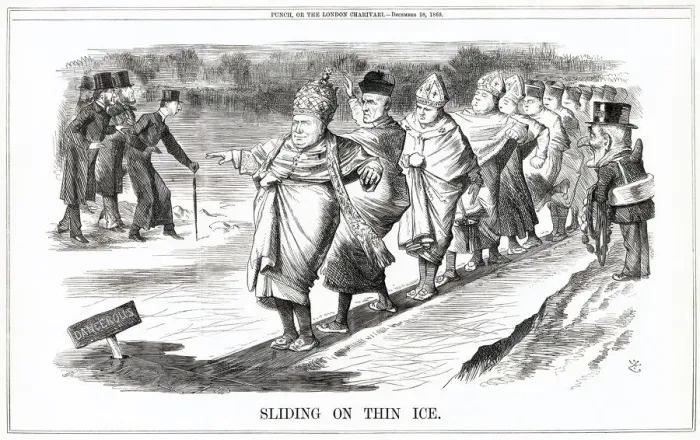 Framed Print : Cartoon, Sliding on Thin Ice (Roman Catholicism) Framed Print : Cartoon, Sliding on Thin Ice (Roman Catholicism)