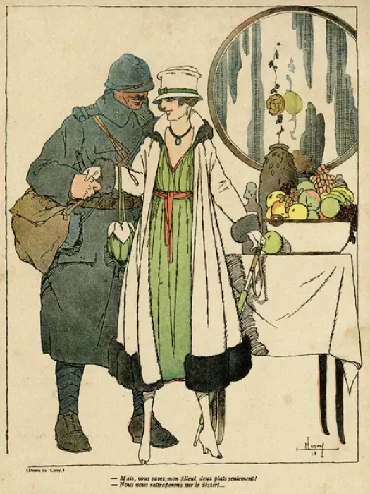 Framed Print : Cartoon, Soldier and godmother with fruit, WW1 Framed Print : Cartoon, Soldier and godmother with fruit, WW1